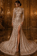 Geometric Design Luxury Shiny Sequin - ROSEGOLD - 4 Way Stretch Mesh Fabric – Prom & Evening Dress Material By The Yard.