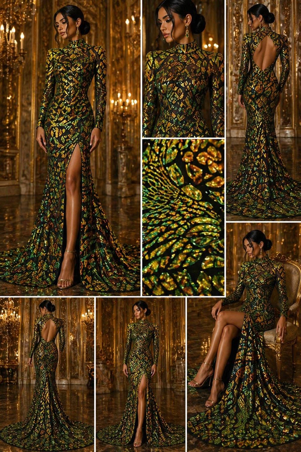 Geometric Design Luxury Iridescent Shiny Sequin - ORANGE/GREEN - 4 Way Stretch Mesh Fabric – Prom & Evening Dress Material By The Yard.