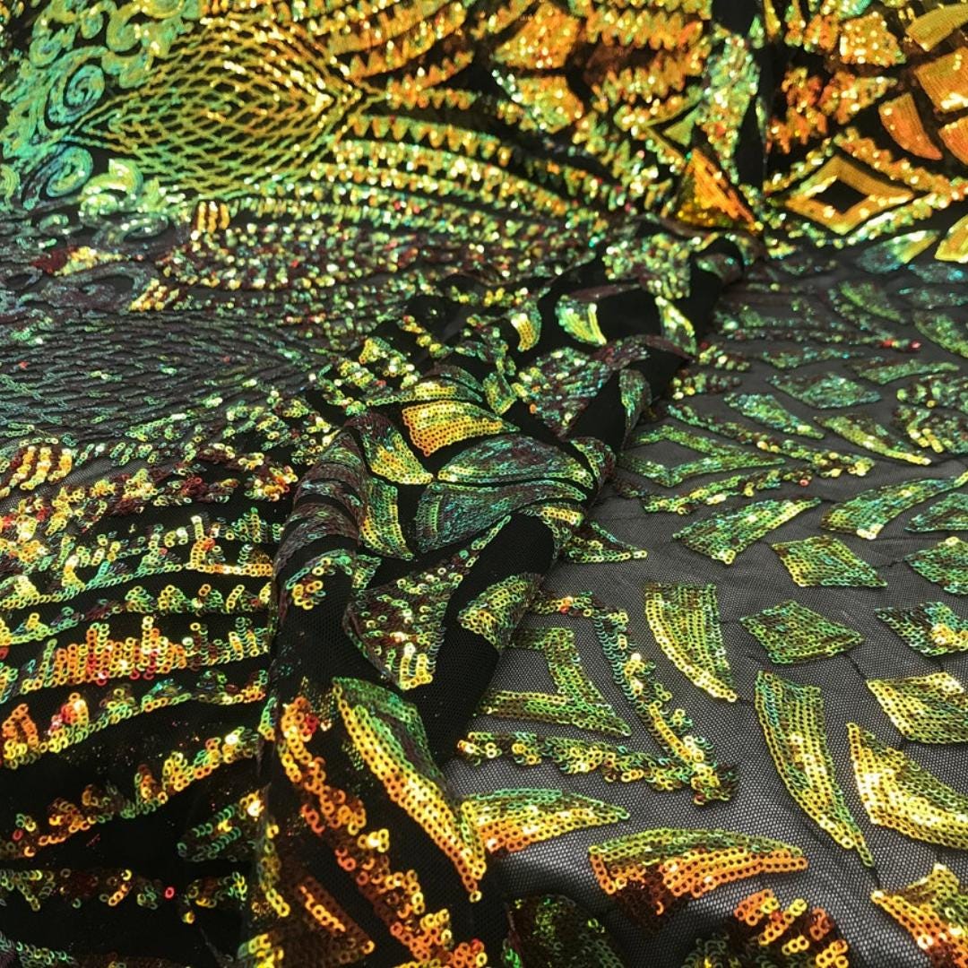 Geometric Design Luxury Iridescent Shiny Sequin - ORANGE/GREEN - 4 Way Stretch Mesh Fabric – Prom & Evening Dress Material By The Yard.