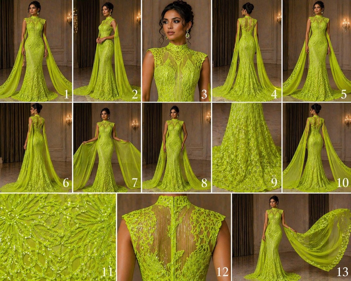 Glossy Design Luxury Shiny Sequin - NEON GREEN - 4 Way Stretch Mesh Fabric – Prom & Evening Dress Material By The Yard.