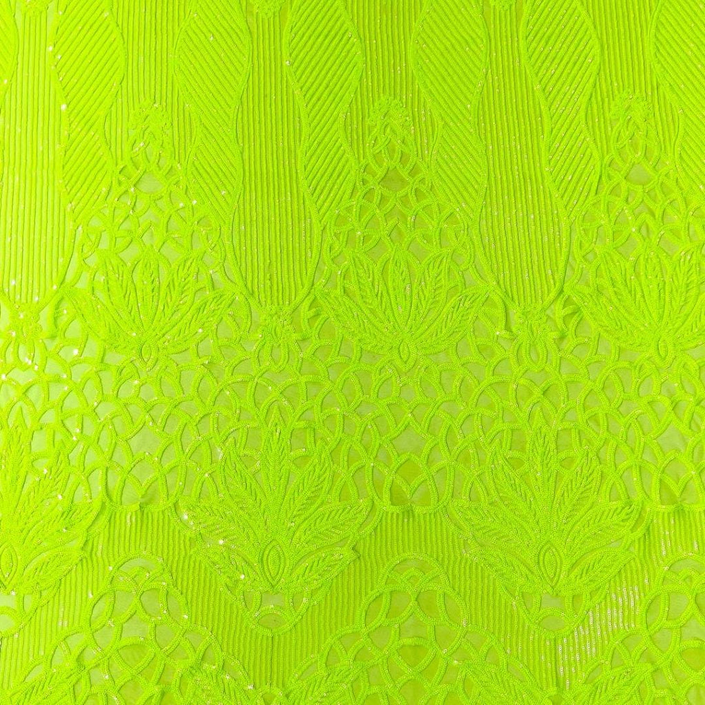 Glossy Design Luxury Shiny Sequin - NEON GREEN - 4 Way Stretch Mesh Fabric – Prom & Evening Dress Material By The Yard.