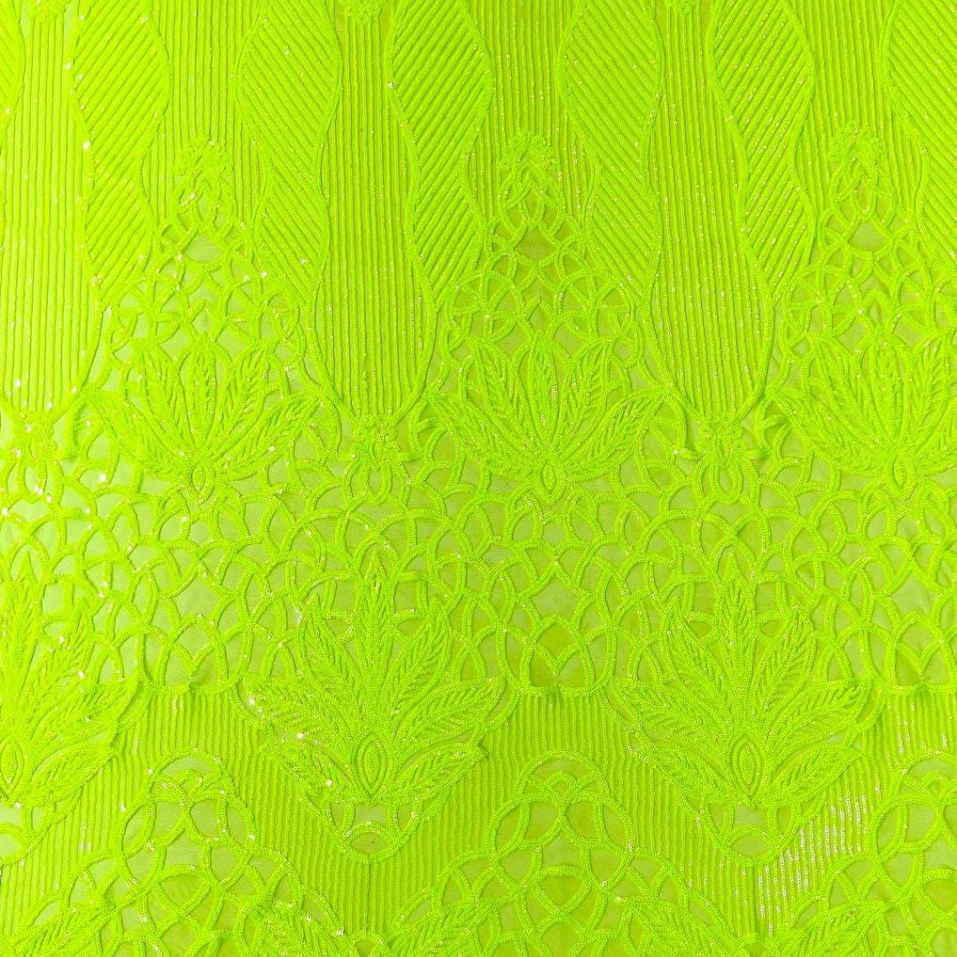 Glossy Design Luxury Shiny Sequin - NEON GREEN - 4 Way Stretch Mesh Fabric – Prom & Evening Dress Material By The Yard.