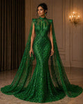 Glossy Design Luxury Shiny Sequin - GREEN - 4 Way Stretch Mesh Fabric – Prom & Evening Dress Material By The Yard.