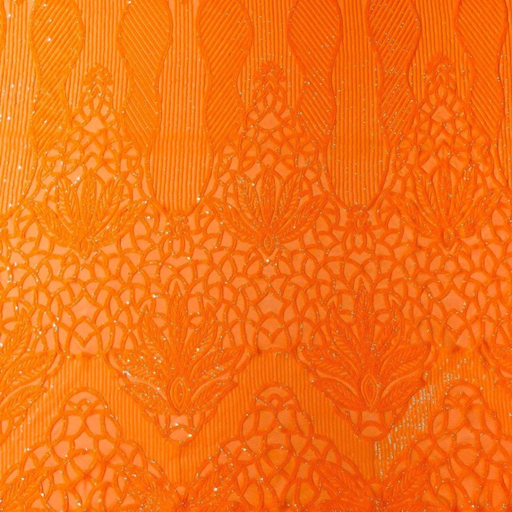 Glossy Design Luxury Shiny Sequin - NEON ORANGE - 4 Way Stretch Mesh Fabric – Prom & Evening Dress Material By The Yard.