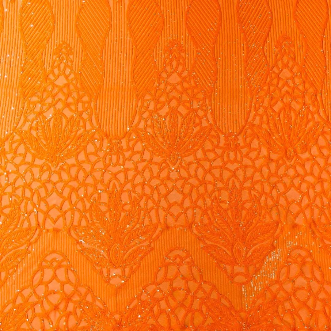 Glossy Design Luxury Shiny Sequin - NEON ORANGE - 4 Way Stretch Mesh Fabric – Prom & Evening Dress Material By The Yard.