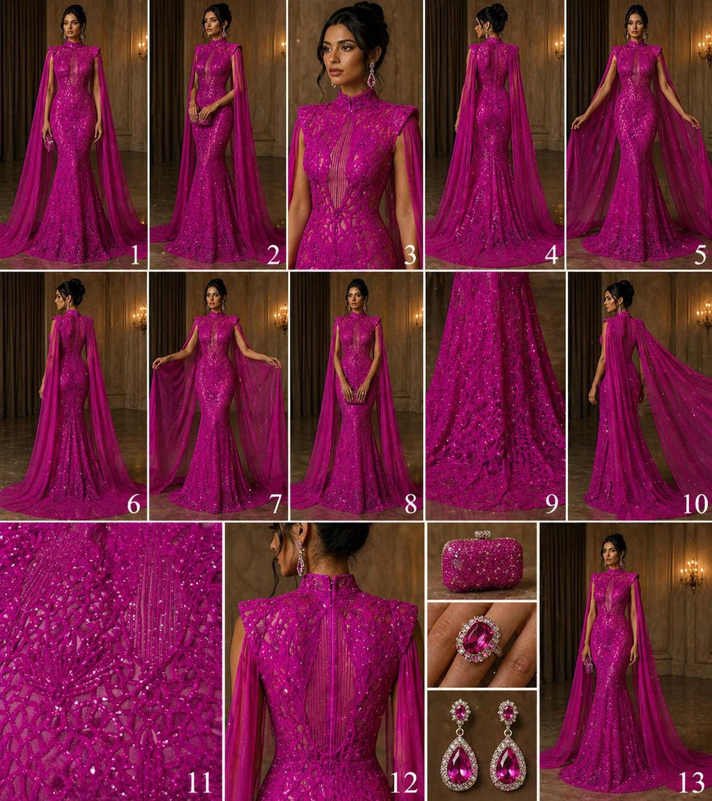Glossy Design Luxury Shiny Sequin - MAGENTA - 4 Way Stretch Mesh Fabric – Prom & Evening Dress Material By The Yard.