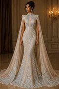 Glossy Iridescent Design Luxury Shiny Sequin - AQUA - 4 Way Stretch Mesh Fabric – Prom & Evening Dress Material By The Yard.