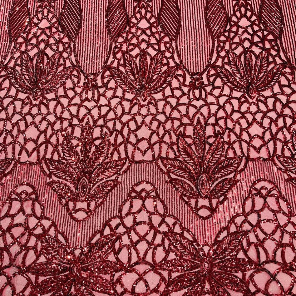 Glossy Design Luxury Shiny Sequin - BURGUNDY - 4 Way Stretch Mesh Fabric – Prom & Evening Dress Material By The Yard.