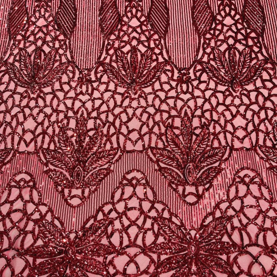 Glossy Design Luxury Shiny Sequin - BURGUNDY - 4 Way Stretch Mesh Fabric – Prom & Evening Dress Material By The Yard.