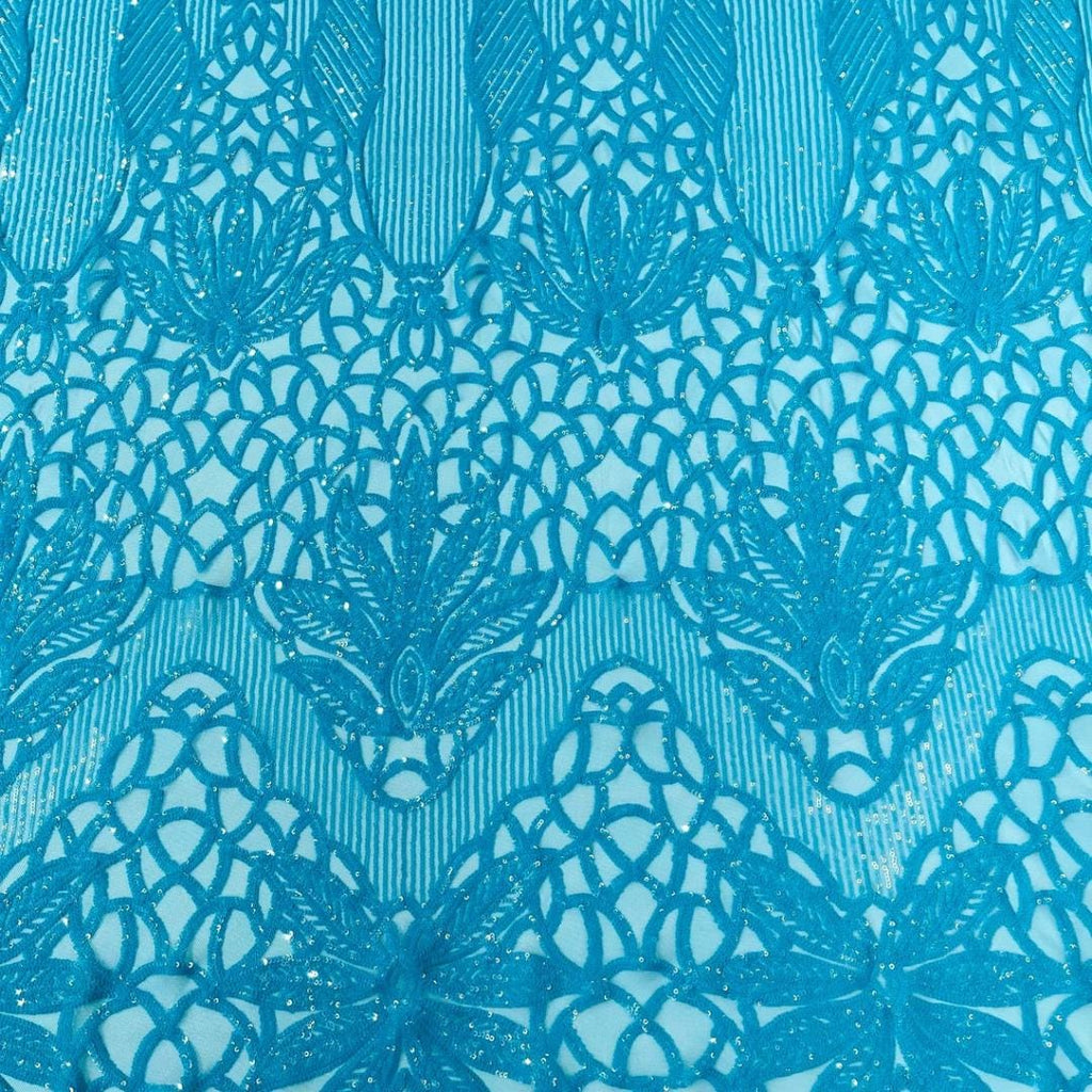 Glossy Design Luxury Shiny Sequin - TURQUOISE - 4 Way Stretch Mesh Fabric – Prom & Evening Dress Material By The Yard.