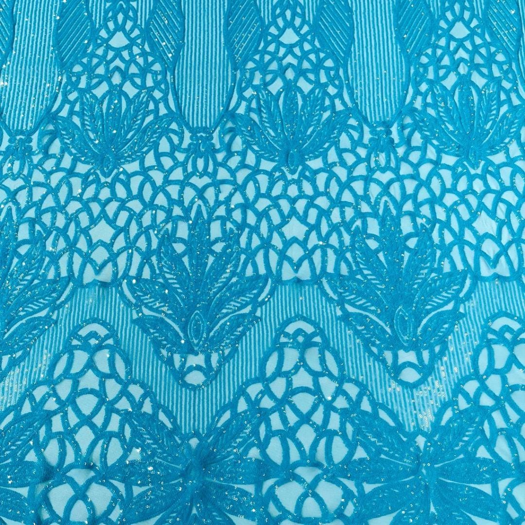 Glossy Design Luxury Shiny Sequin - TURQUOISE - 4 Way Stretch Mesh Fabric – Prom & Evening Dress Material By The Yard.