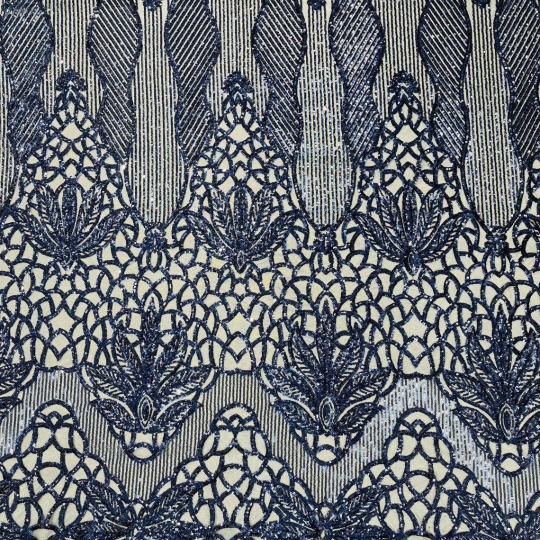 Glossy Design Luxury Shiny Sequin - NAVY - 4 Way Stretch Mesh Fabric – Prom & Evening Dress Material By The Yard.