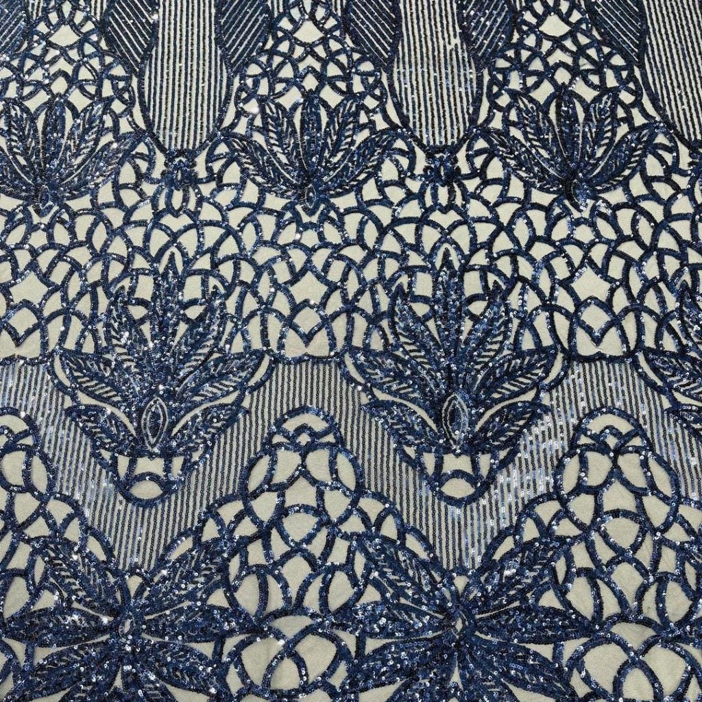 Glossy Design Luxury Shiny Sequin - NAVY - 4 Way Stretch Mesh Fabric – Prom & Evening Dress Material By The Yard.
