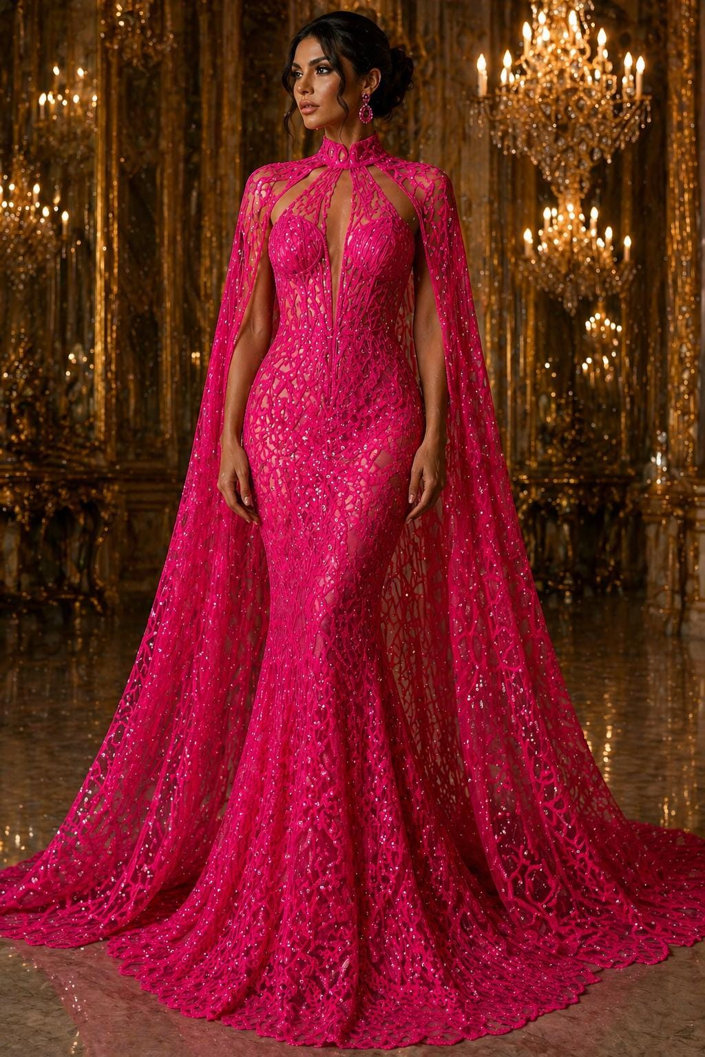 Glossy Design Luxury Shiny Sequin - HOT PINK - 4 Way Stretch Mesh Fabric – Prom & Evening Dress Material By The Yard.