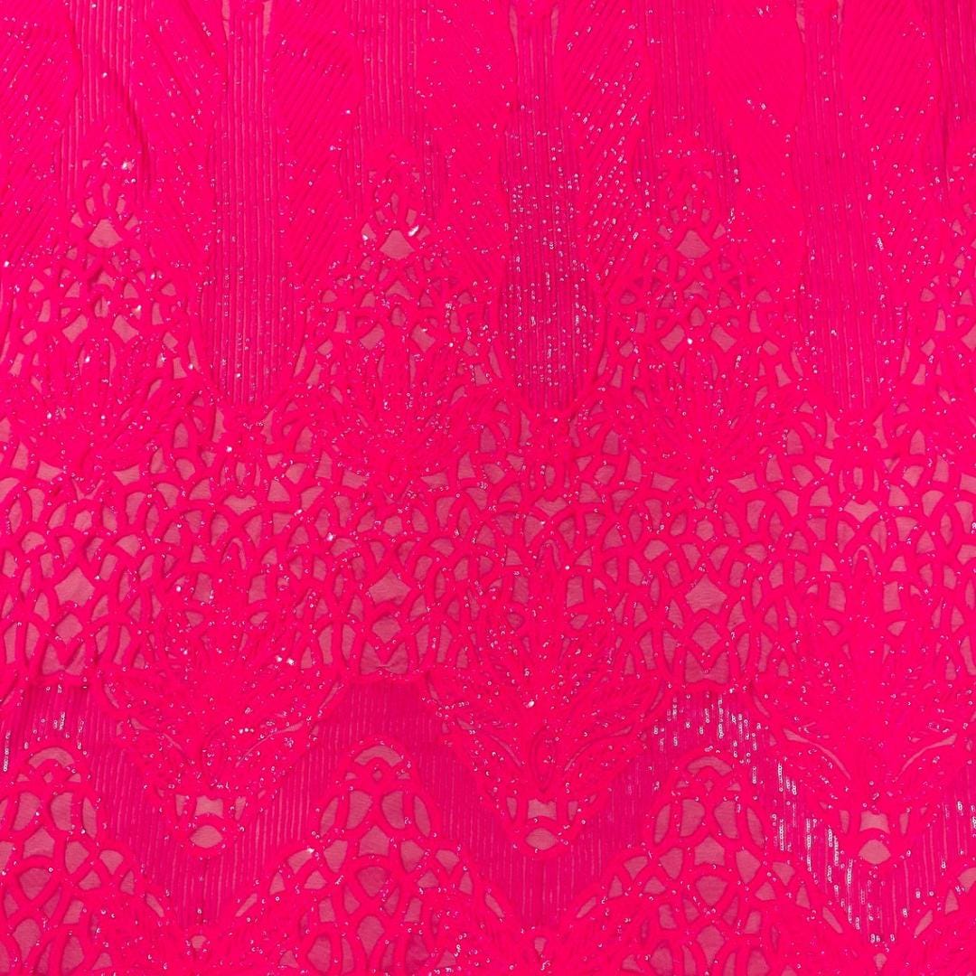 Glossy Design Luxury Shiny Sequin - HOT PINK - 4 Way Stretch Mesh Fabric – Prom & Evening Dress Material By The Yard.