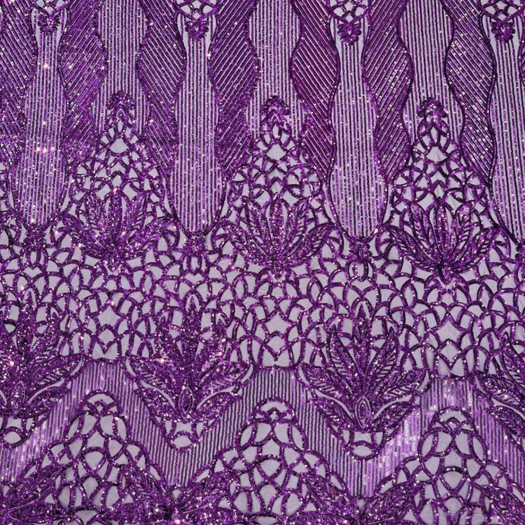 Glossy Design Luxury Shiny Sequin - PURPLE - 4 Way Stretch Mesh Fabric – Prom & Evening Dress Material By The Yard.