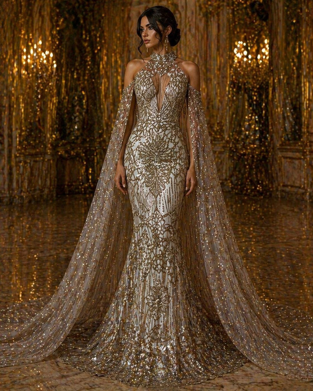 Glossy Design Luxury Shiny Sequin - GOLD - 4 Way Stretch Mesh Fabric – Prom & Evening Dress Material By The Yard.