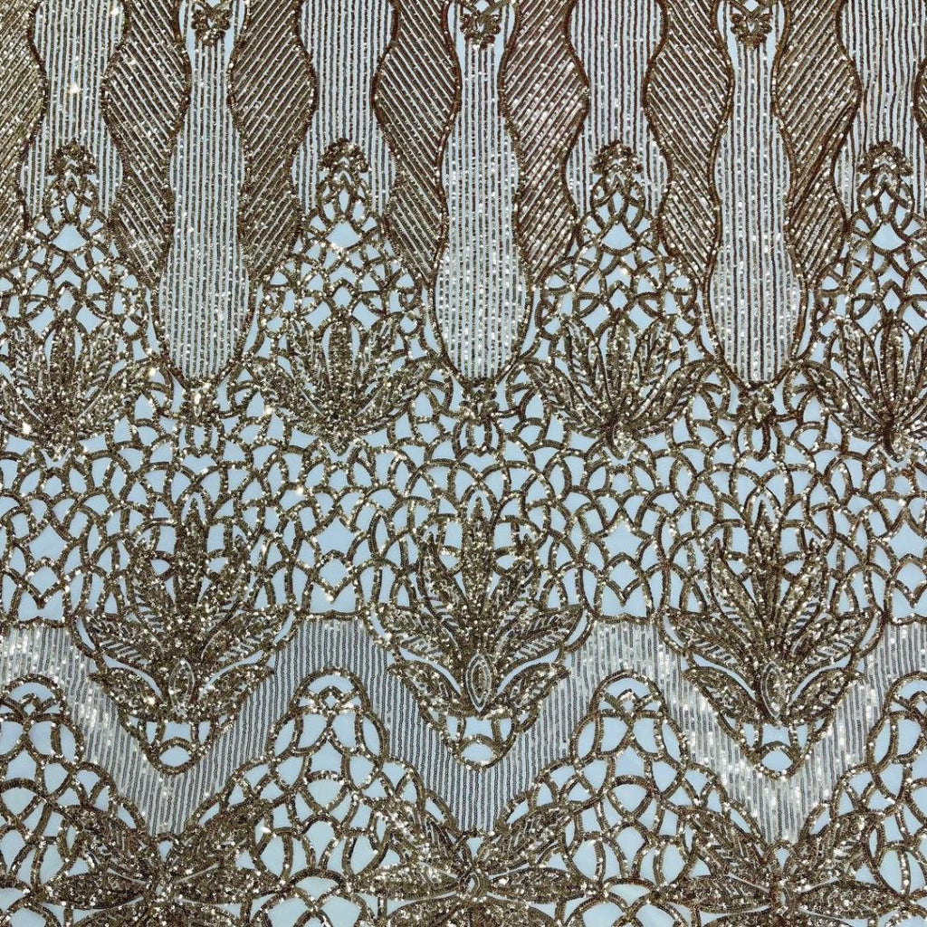 Glossy Design Luxury Shiny Sequin - GOLD - 4 Way Stretch Mesh Fabric – Prom & Evening Dress Material By The Yard.