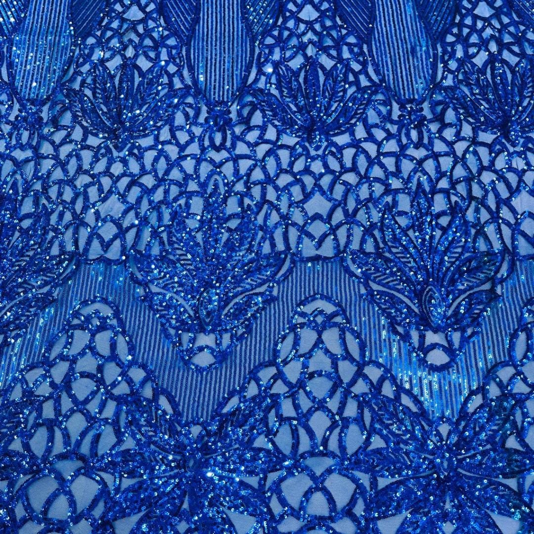 Glossy Design Luxury Shiny Sequin -ROYAL BLUE - 4 Way Stretch Mesh Fabric – Prom & Evening Dress Material By The Yard.