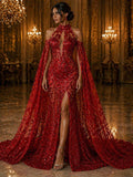 Glossy Design Luxury Shiny Sequin - RED - 4 Way Stretch Mesh Fabric – Prom & Evening Dress Material By The Yard.