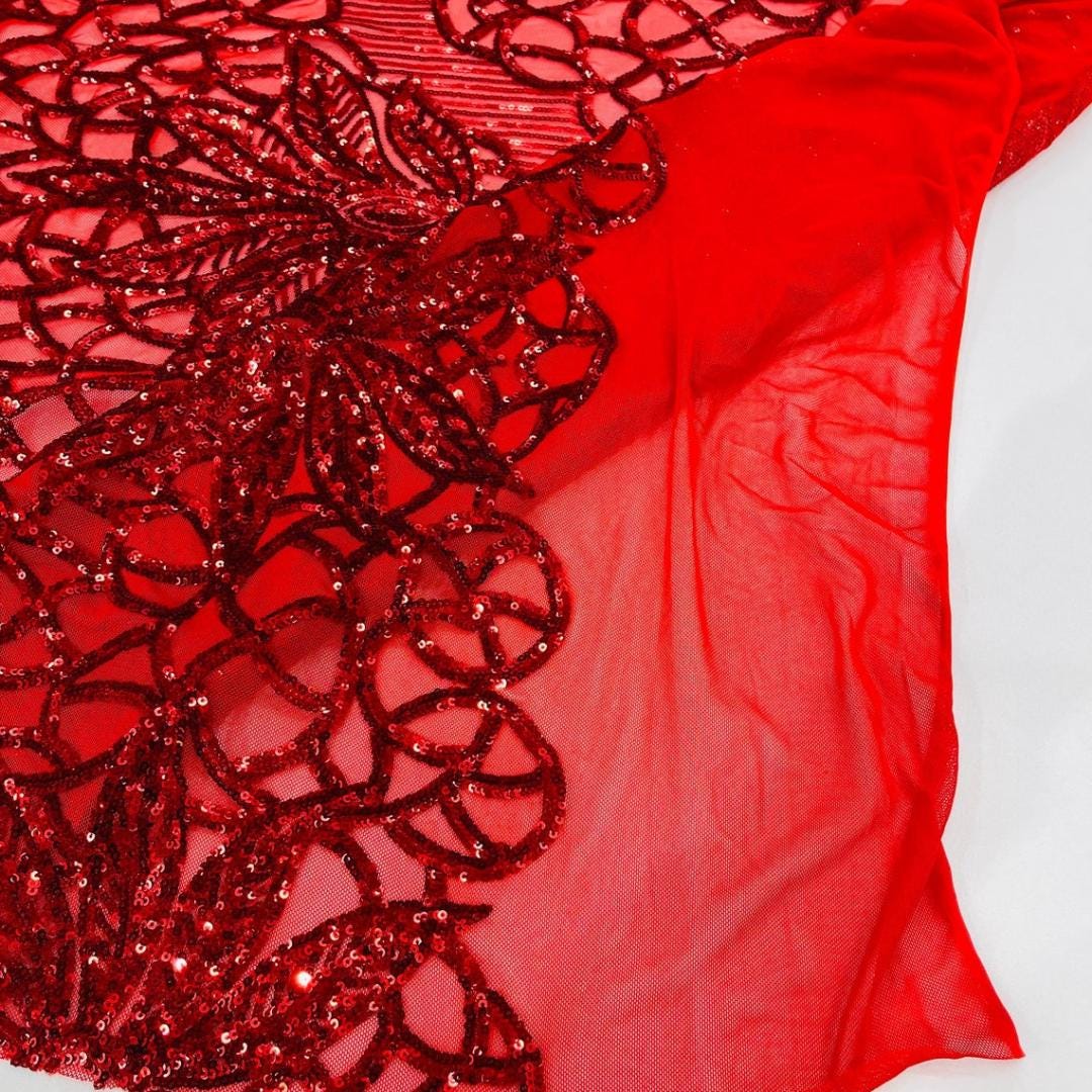 Glossy Design Luxury Shiny Sequin - RED - 4 Way Stretch Mesh Fabric – Prom & Evening Dress Material By The Yard.
