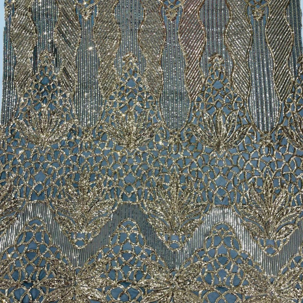 Glossy Design Luxury Shiny Sequin - GOLD/BLACK - 4 Way Stretch Mesh Fabric – Prom & Evening Dress Material By The Yard.