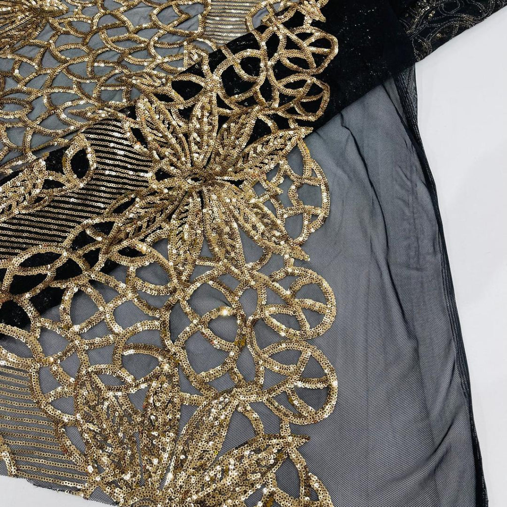 Glossy Design Luxury Shiny Sequin - GOLD/BLACK - 4 Way Stretch Mesh Fabric – Prom & Evening Dress Material By The Yard.