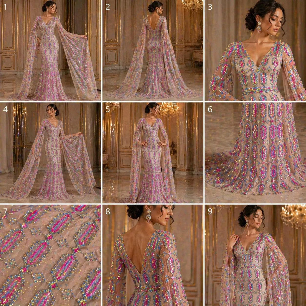 Jewel Design Iridescent Luxury Multi Color Sequin - CandyPink/Silver - 4 Way Stretch Mesh Fabric –Prom & Evening Dress Material By The Yard.