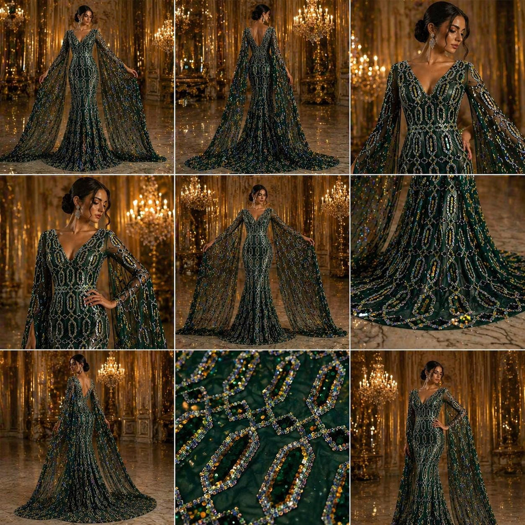 Jewel Design Iridescent Luxury Multi Color Sequin - Emerald/Silver - 4 Way Stretch Mesh Fabric – Prom & Evening Dress Material By The Yard.