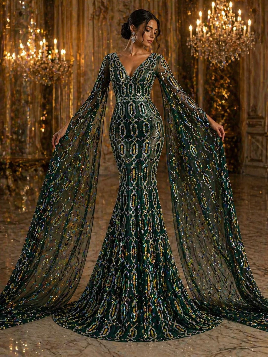 Jewel Design Iridescent Luxury Multi Color Sequin - Emerald/Silver - 4 Way Stretch Mesh Fabric – Prom & Evening Dress Material By The Yard.