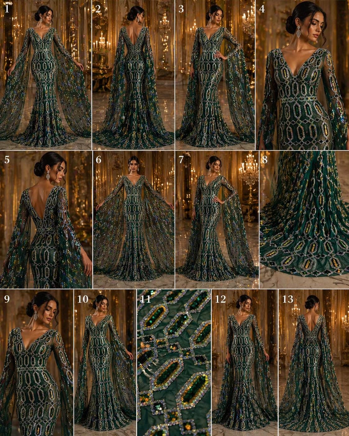 Jewel Design Iridescent Luxury Multi Color Sequin - Emerald/Silver - 4 Way Stretch Mesh Fabric – Prom & Evening Dress Material By The Yard.