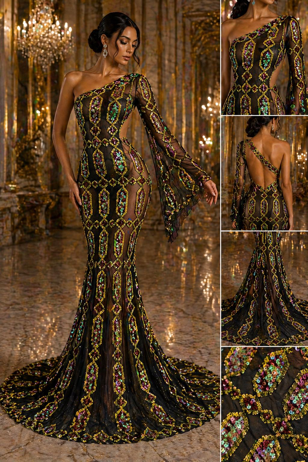 Jewel Design Iridescent Luxury Multi Color Sequin - MossGreen/Pink - 4 Way Stretch Mesh Fabric – Prom & Evening Dress Material By The Yard.
