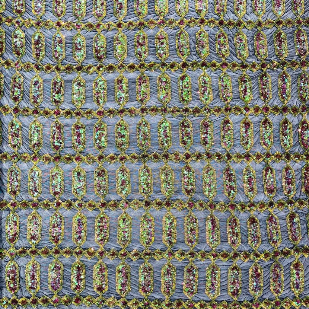 Jewel Design Iridescent Luxury Multi Color Sequin - MossGreen/Pink - 4 Way Stretch Mesh Fabric – Prom & Evening Dress Material By The Yard.