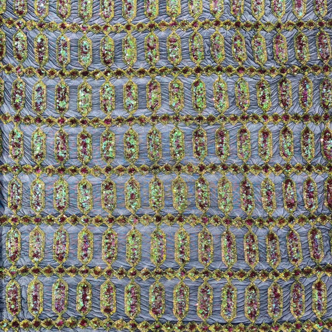Jewel Design Iridescent Luxury Multi Color Sequin - MossGreen/Pink - 4 Way Stretch Mesh Fabric – Prom & Evening Dress Material By The Yard.