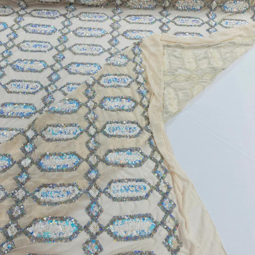 Jewel Design Iridescent Luxury Multi Color Sequin - Aqua/Silver - 4 Way Stretch Mesh Fabric – Prom & Evening Dress Material By The Yard.
