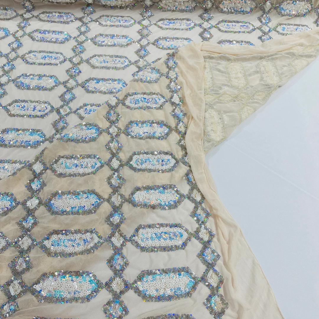Jewel Design Iridescent Luxury Multi Color Sequin - Aqua/Silver - 4 Way Stretch Mesh Fabric – Prom & Evening Dress Material By The Yard.