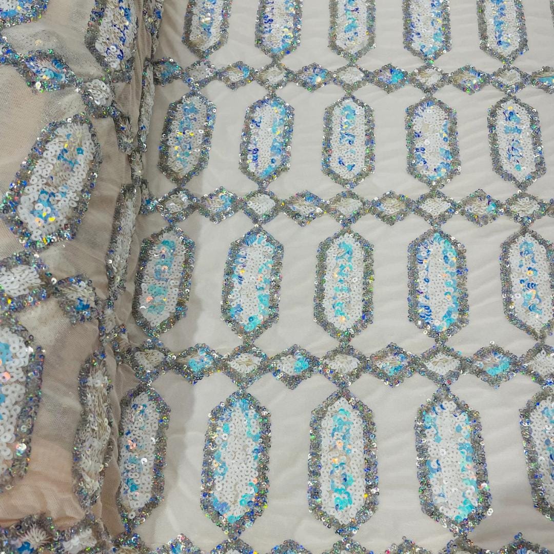 Jewel Design Iridescent Luxury Multi Color Sequin - Aqua/Silver - 4 Way Stretch Mesh Fabric – Prom & Evening Dress Material By The Yard.