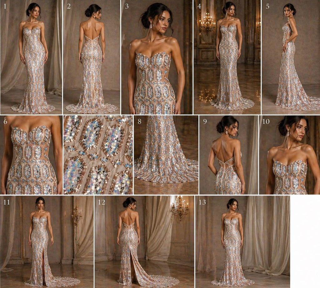 Jewel Design Iridescent Luxury Multi Color Sequin - Aqua/Rose Gold 4 Way Stretch Mesh Fabric – Prom & Evening Dress Material By The Yard.