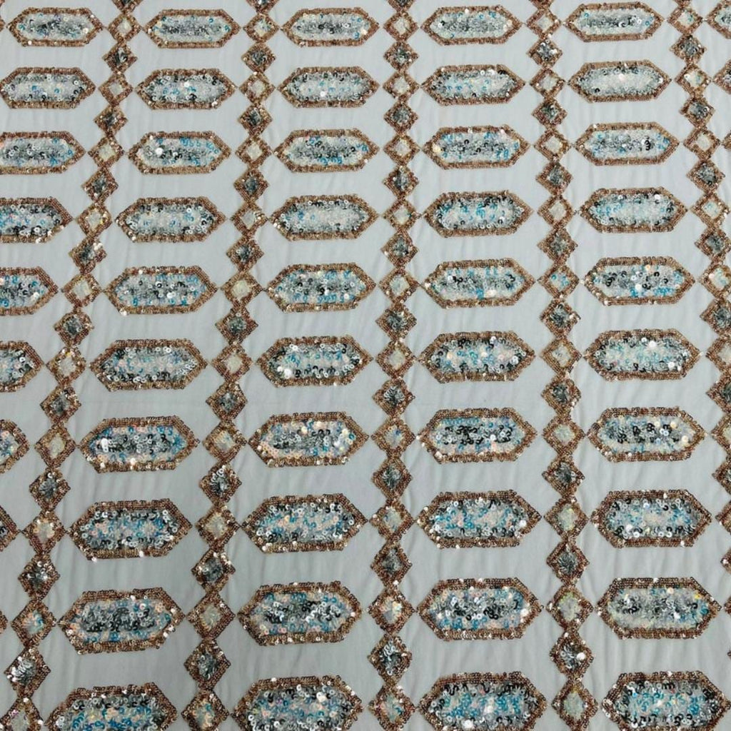 Jewel Design Iridescent Luxury Multi Color Sequin - Aqua/Rose Gold 4 Way Stretch Mesh Fabric – Prom & Evening Dress Material By The Yard.