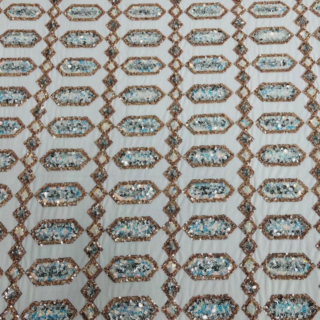 Jewel Design Iridescent Luxury Multi Color Sequin - Aqua/Rose Gold 4 Way Stretch Mesh Fabric – Prom & Evening Dress Material By The Yard.