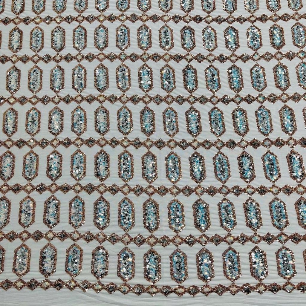 Jewel Design Iridescent Luxury Multi Color Sequin - Aqua/Rose Gold 4 Way Stretch Mesh Fabric – Prom & Evening Dress Material By The Yard.