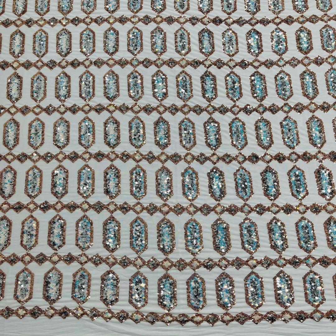 Jewel Design Iridescent Luxury Multi Color Sequin - Aqua/Rose Gold 4 Way Stretch Mesh Fabric – Prom & Evening Dress Material By The Yard.