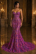 Jewel Design Iridescent Luxury Multi Color Sequin - Fuchsia/Gold -  4 Way Stretch Mesh Fabric – Prom & Evening Dress Material By The Yard.