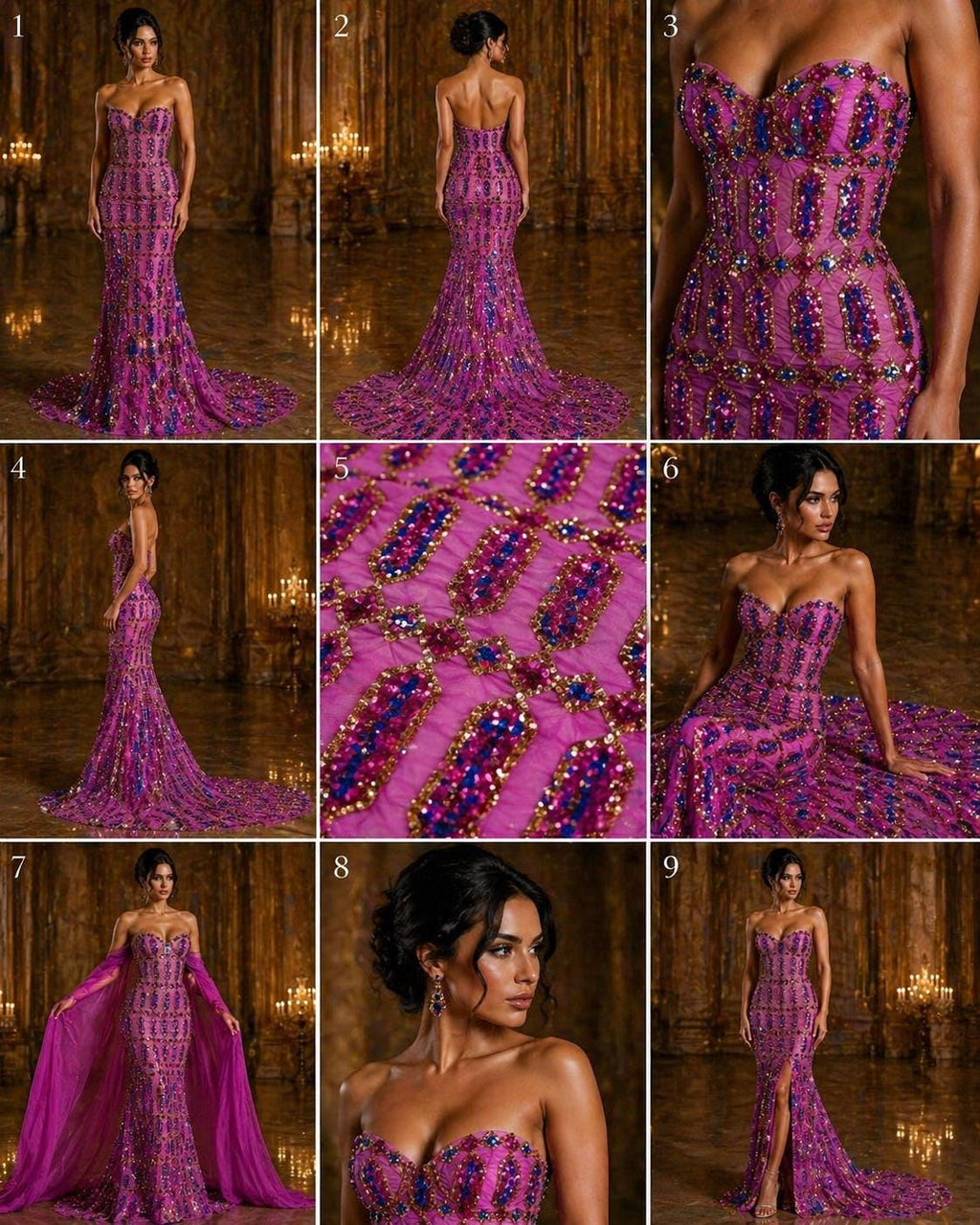 Jewel Design Iridescent Luxury Multi Color Sequin - Fuchsia/Gold -  4 Way Stretch Mesh Fabric – Prom & Evening Dress Material By The Yard.