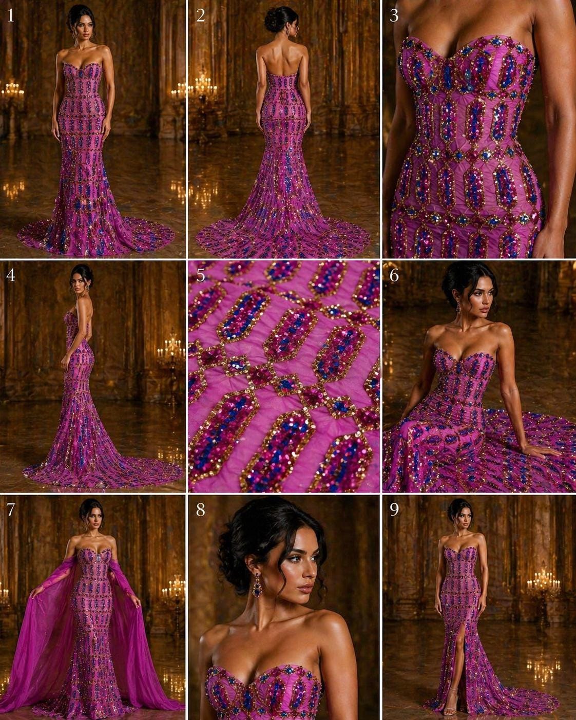 Jewel Design Iridescent Luxury Multi Color Sequin - Fuchsia/Gold -  4 Way Stretch Mesh Fabric – Prom & Evening Dress Material By The Yard.