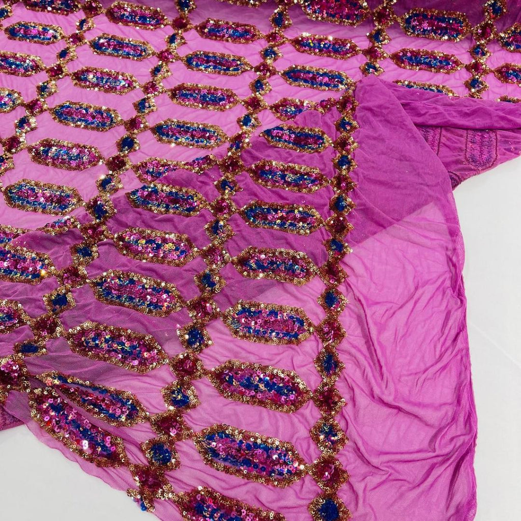 Jewel Design Iridescent Luxury Multi Color Sequin - Fuchsia/Gold -  4 Way Stretch Mesh Fabric – Prom & Evening Dress Material By The Yard.