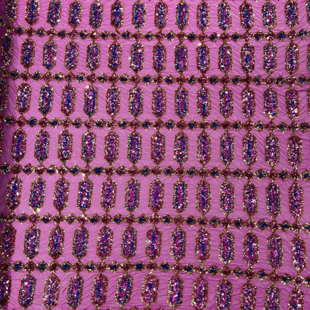 Jewel Design Iridescent Luxury Multi Color Sequin - Fuchsia/Gold -  4 Way Stretch Mesh Fabric – Prom & Evening Dress Material By The Yard.