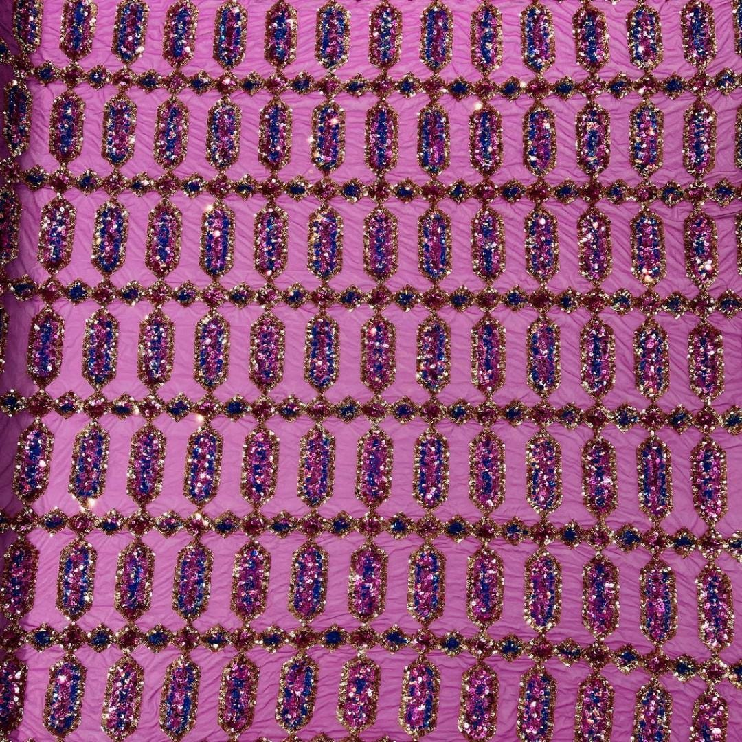 Jewel Design Iridescent Luxury Multi Color Sequin - Fuchsia/Gold -  4 Way Stretch Mesh Fabric – Prom & Evening Dress Material By The Yard.