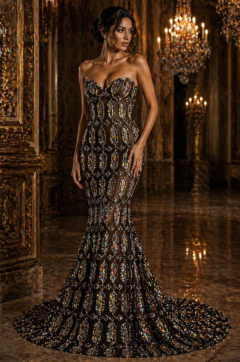 Jewel Design Iridescent Luxury Multi Color Sequin - Gold/Silver -  4 Way Stretch Mesh Fabric – Prom & Evening Dress Material By The Yard.