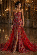 Jewel Design Iridescent Luxury Multi Color Sequin - Red/Silver -  4 Way Stretch Mesh Fabric – Prom & Evening Dress Material By The Yard.